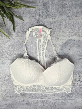 Victoria's Secret PINK White Lace T-Back Pushup Bra Size Small D-DD Cup